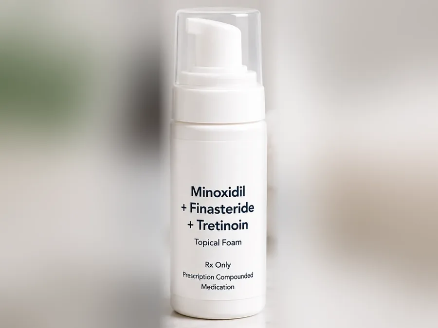 A white foam pump bottle labeled Minoxidil plus Finasteride plus Tretinoin, Topical Foam