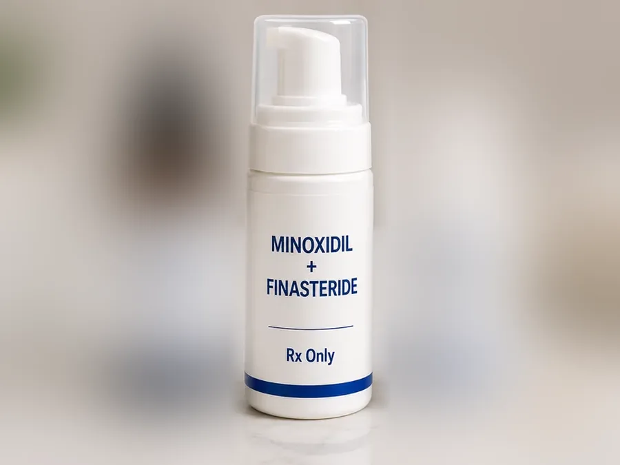 A white foam pump bottle labeled Minoxidil plus Finasteride