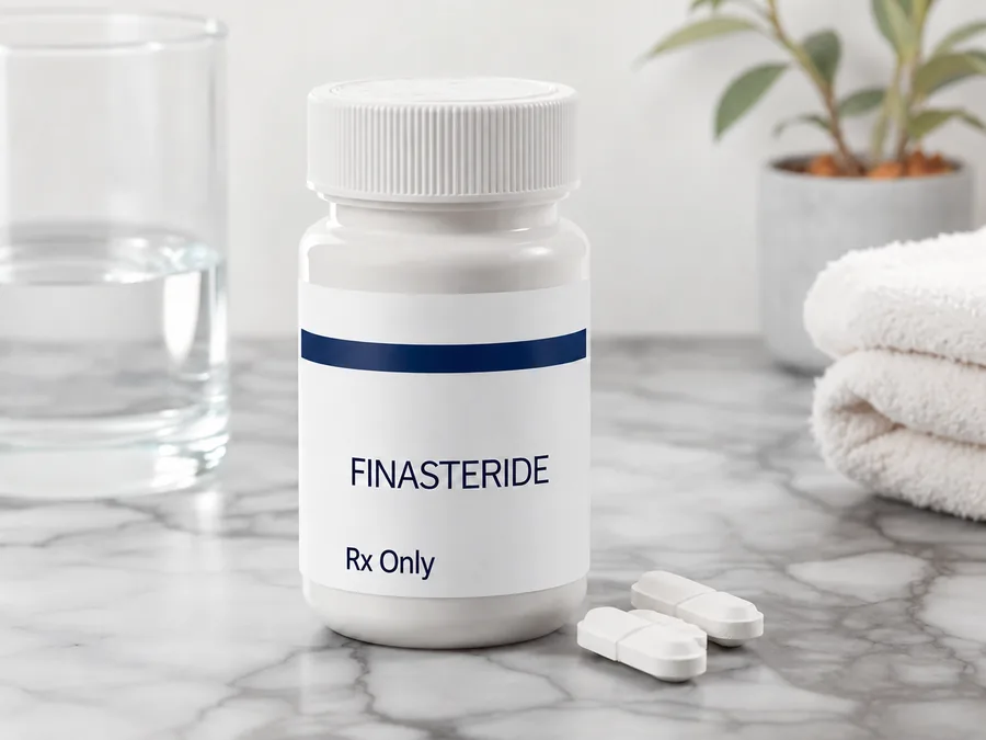 A white prescription bottle labeled Finasteride beside tablets and a glass of water