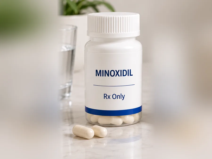 A white prescription bottle labeled Minoxidil beside two capsules