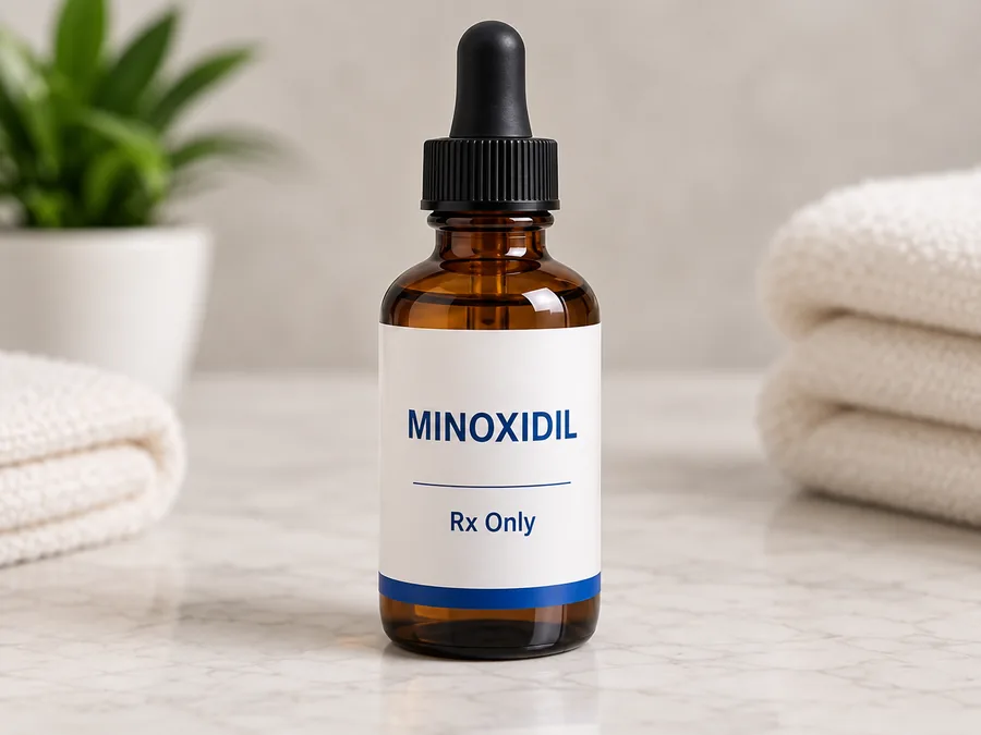 An amber dropper bottle labeled Minoxidil on a bathroom counter