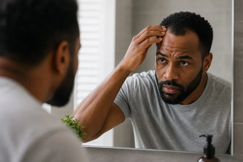 Man examining his hairline in a mirror