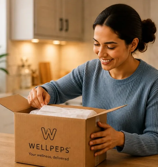 Person opening a discreet WellPeps delivery box