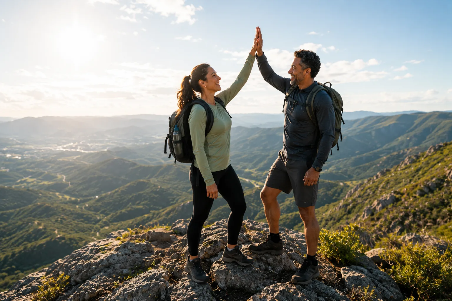 A couple high-fiving at the summit of a mountain hike