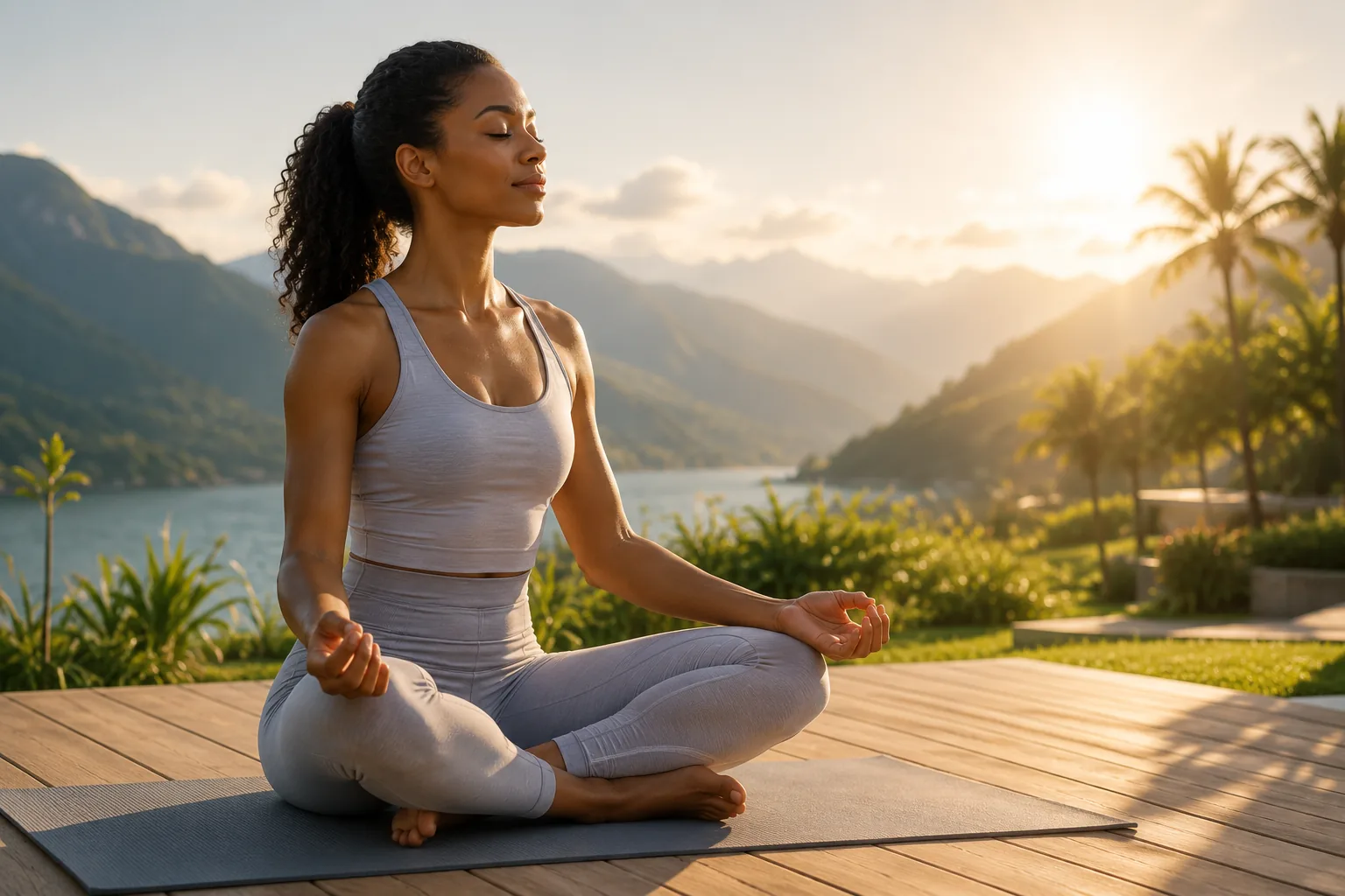 A woman meditating outdoors by a lake at golden hour
