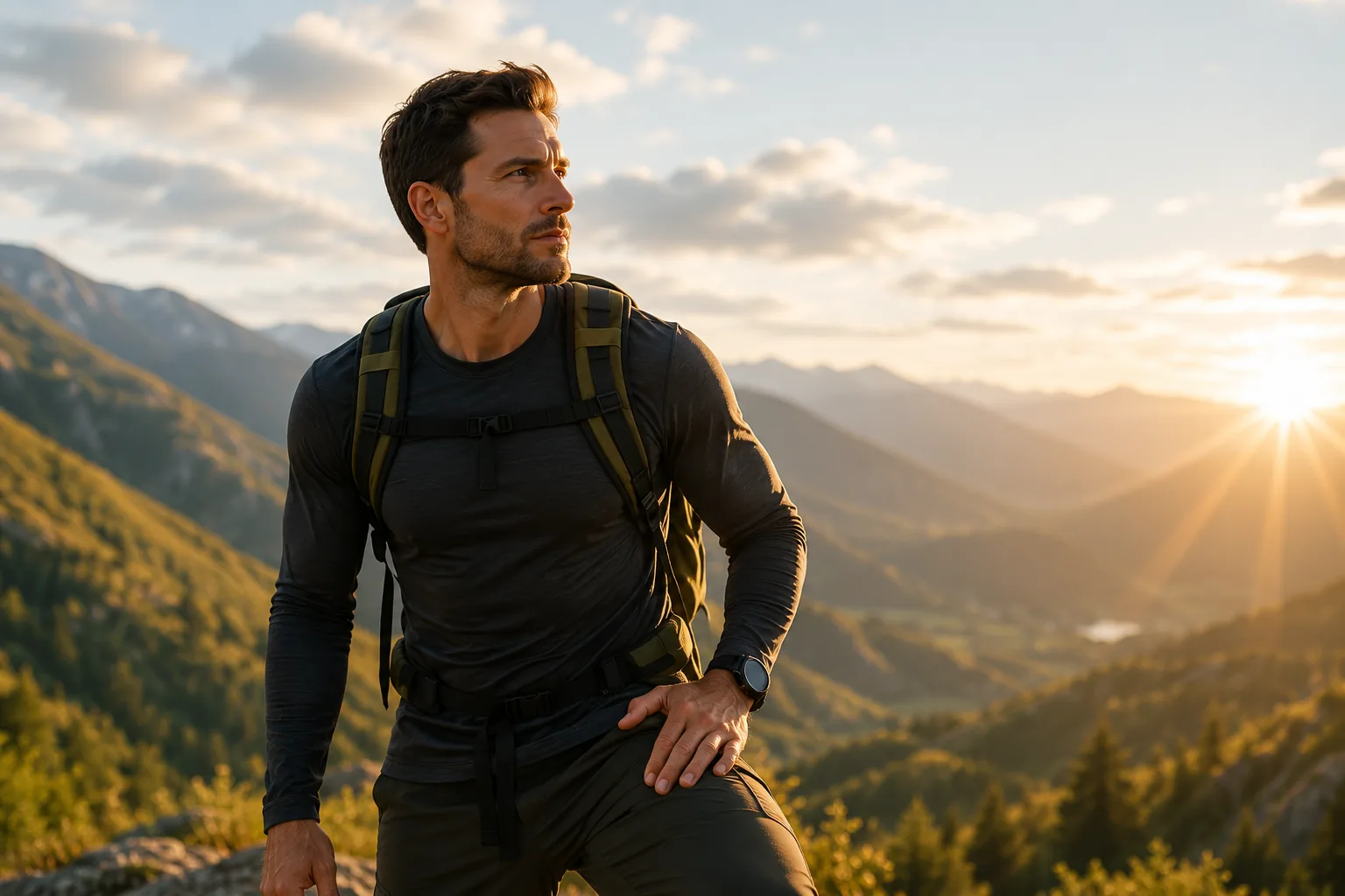 A man pausing during a mountain hike at sunrise