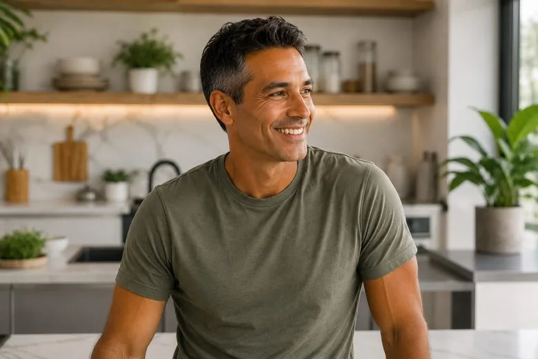 Man smiling in a bright kitchen