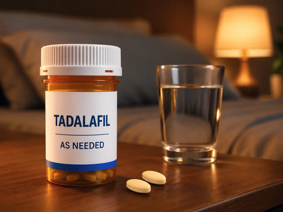 An amber prescription bottle labeled Tadalafil As Needed beside a glass of water on a bedside table