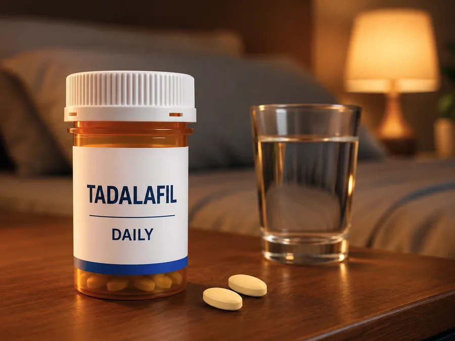 An amber prescription bottle labeled Tadalafil Daily beside a glass of water on a bedside table